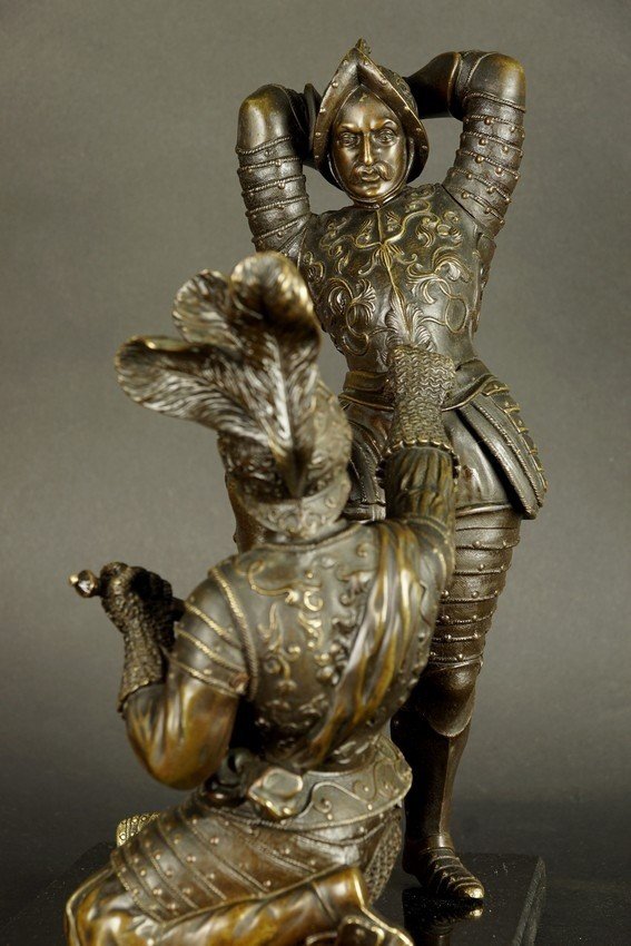 Chevaliers combattants, bronze, XIXe siècle.-photo-3
