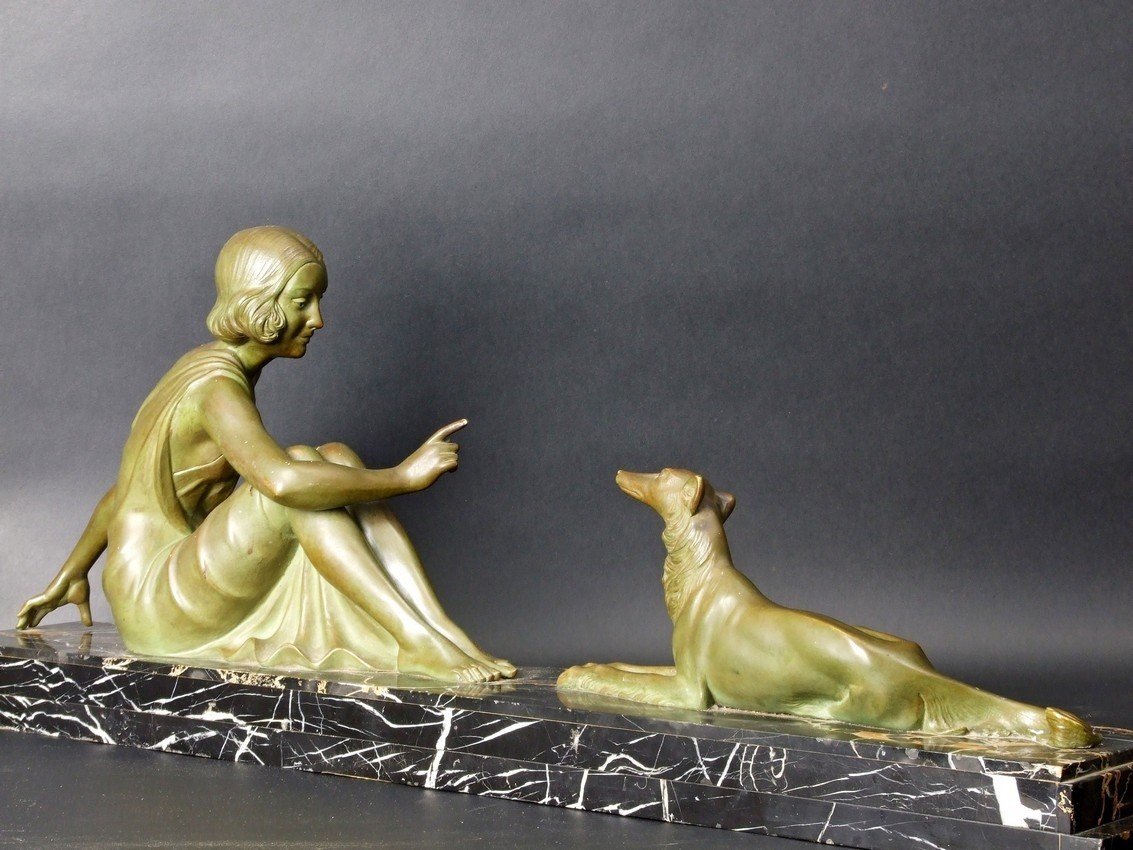 Woman With Hunting Dog, Bronze, Art Deco, Armand Godard, France, 1920s-1930s.-photo-2