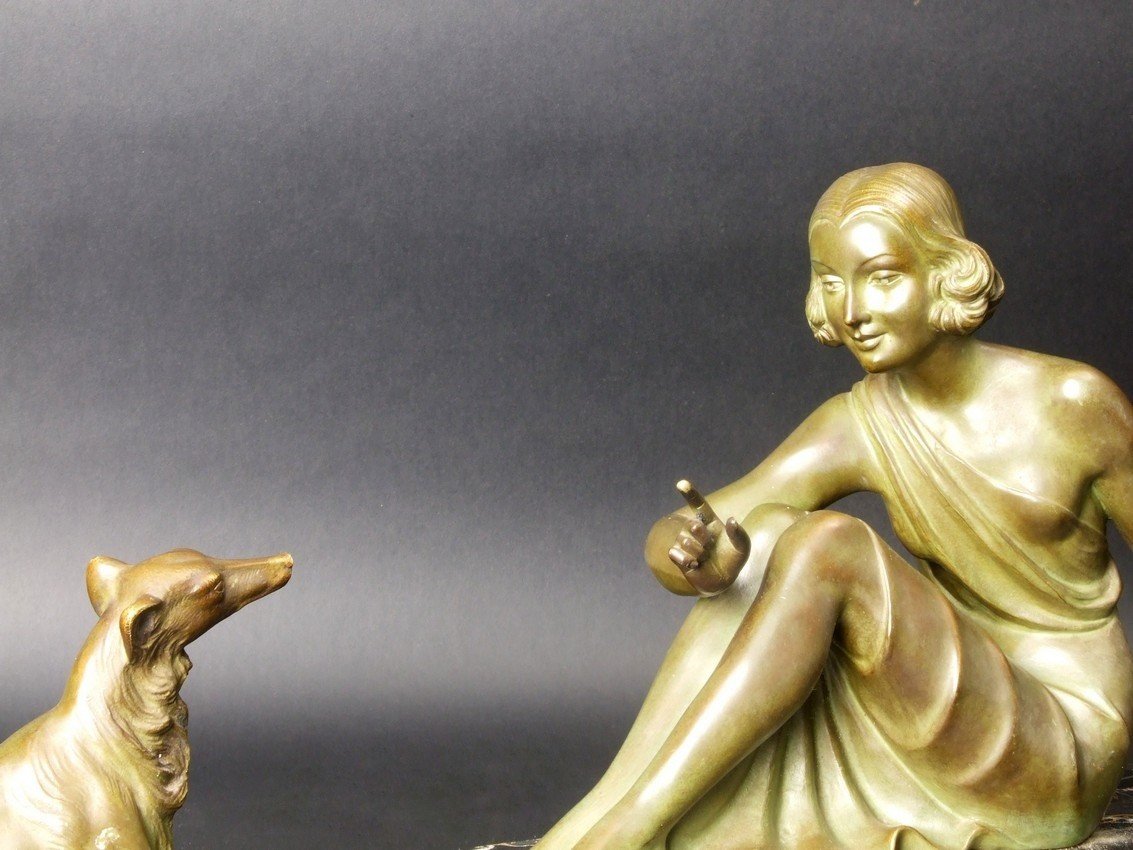 Woman With Hunting Dog, Bronze, Art Deco, Armand Godard, France, 1920s-1930s.-photo-3