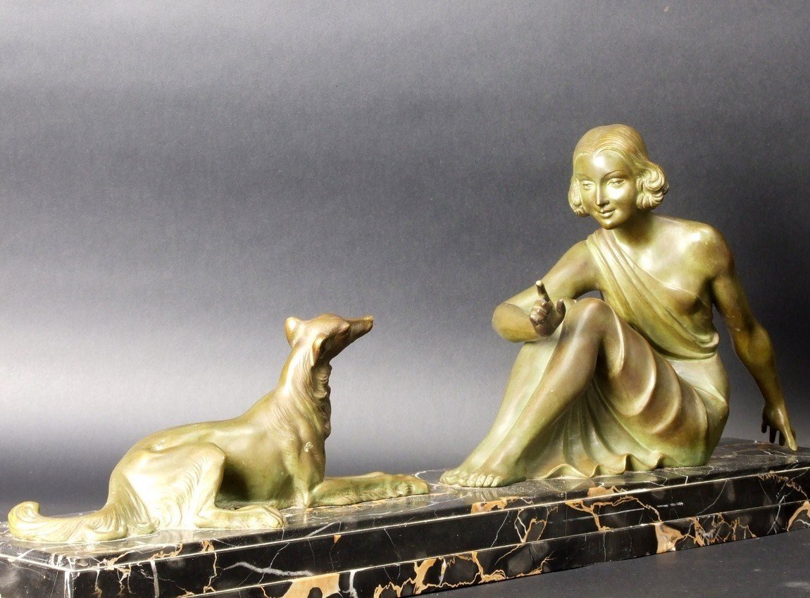 Woman With Hunting Dog, Bronze, Art Deco, Armand Godard, France, 1920s-1930s.-photo-4