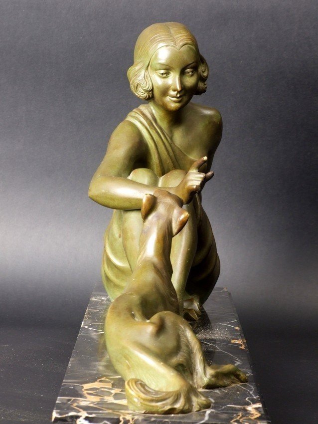 Woman With Hunting Dog, Bronze, Art Deco, Armand Godard, France, 1920s-1930s.-photo-2