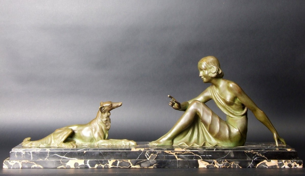 Woman With Hunting Dog, Bronze, Art Deco, Armand Godard, France, 1920s-1930s.