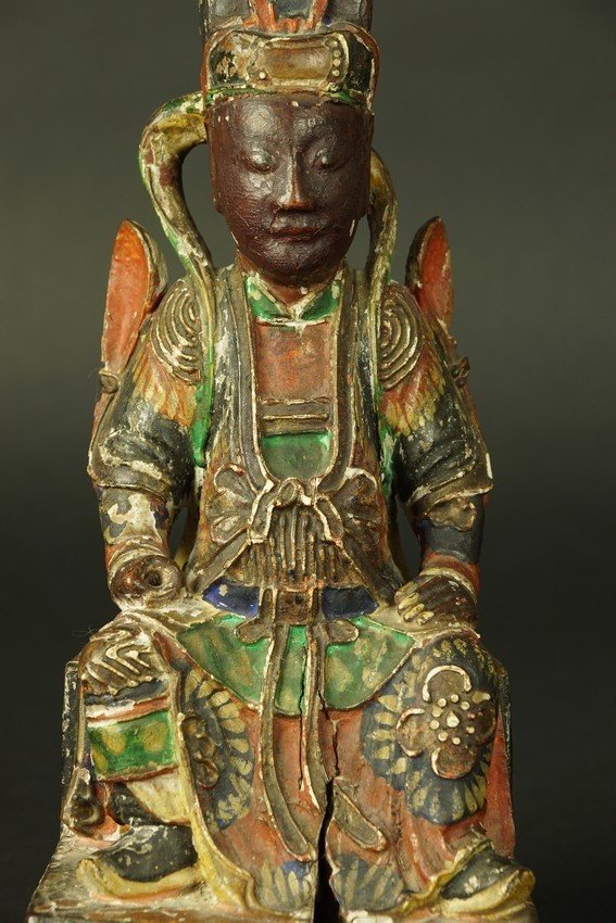 Chinese Dignitary, Polychrome Wood, China, 19th Century.-photo-4