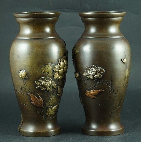 Pair Of Vases, Bronze, Japan, Meiji Period (1868-1912)-photo-2