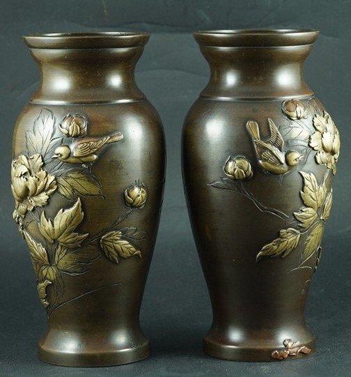 Pair Of Vases, Bronze, Japan, Meiji Period (1868-1912)-photo-3