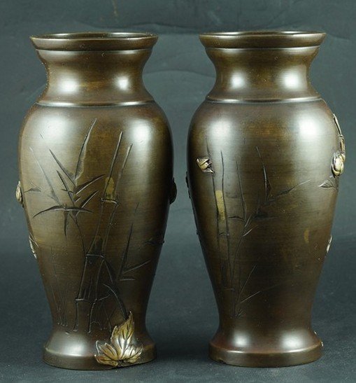 Pair Of Vases, Bronze, Japan, Meiji Period (1868-1912)-photo-4