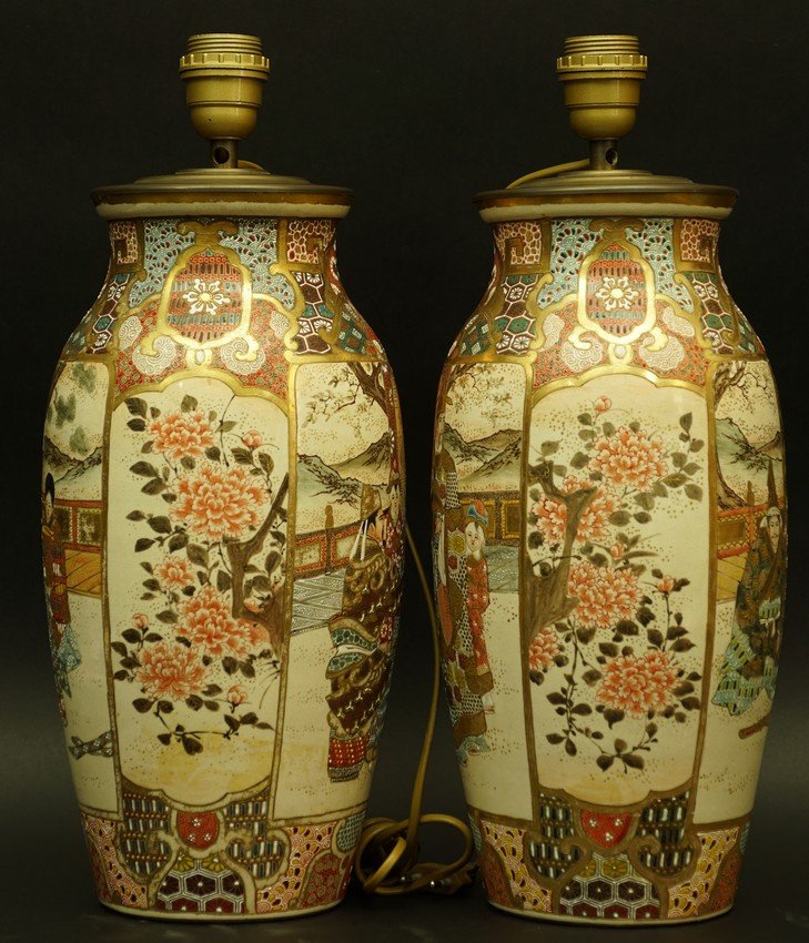 Paire de lampes, porcelaine, Satsuma, Japon, époque Meiji (1868 - 1912)-photo-3