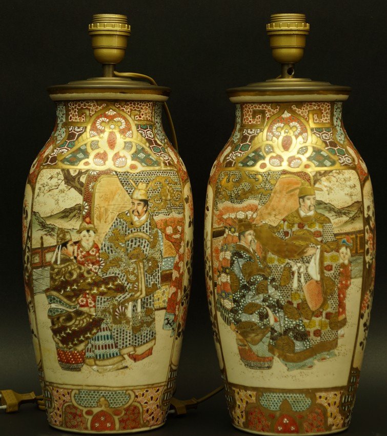 Paire de lampes, porcelaine, Satsuma, Japon, époque Meiji (1868 - 1912)-photo-4