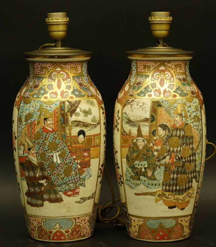 Paire de lampes, porcelaine, Satsuma, Japon, époque Meiji (1868 - 1912)