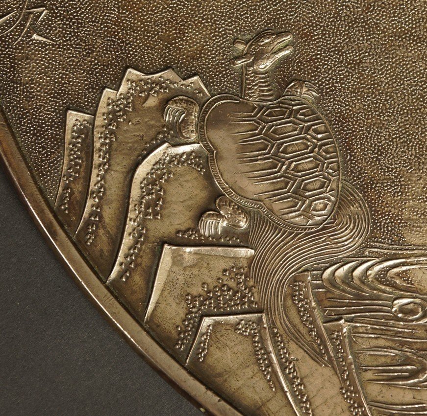 Miroir Kagami, signé, bronze argenté, Japon, période Edo/Meiji, XIXe siècle.-photo-3