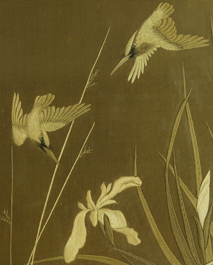 Image représentant des grues, broderie  en soie, Japon, période Meiji (1868 - 1912).-photo-3