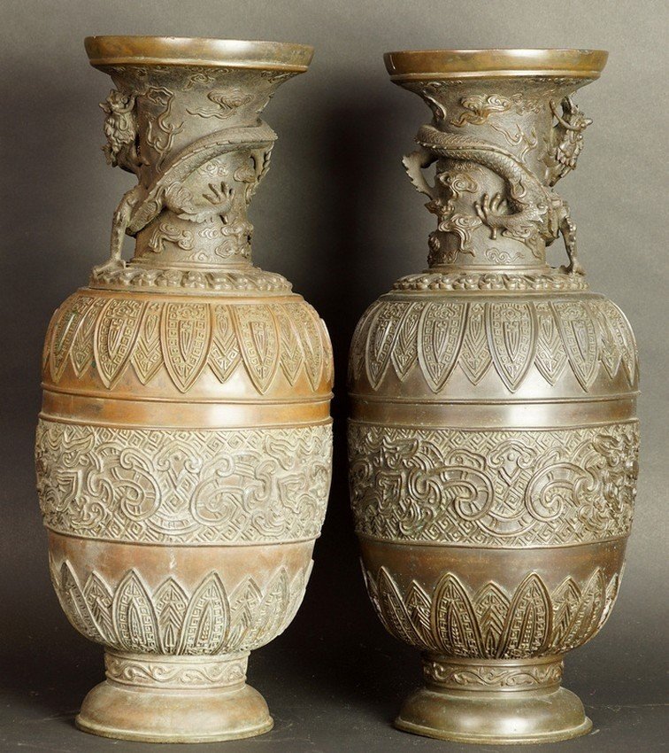 Paire de vases géants, bronze, Chine, dynastie Qing, XVIIe/XVIIIe siècle.-photo-2