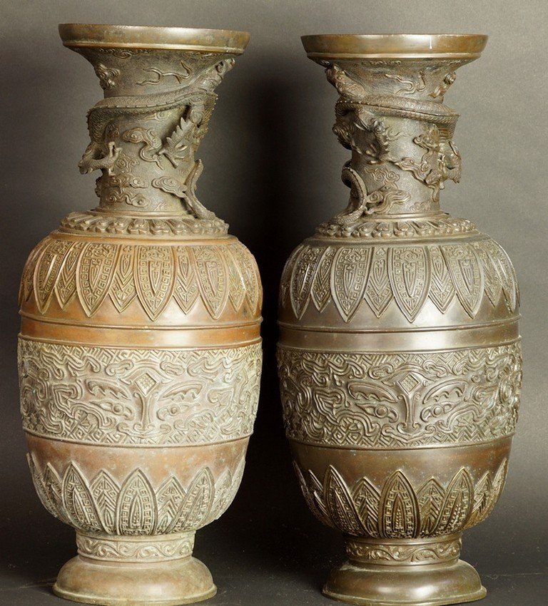 Paire de vases géants, bronze, Chine, dynastie Qing, XVIIe/XVIIIe siècle.-photo-4