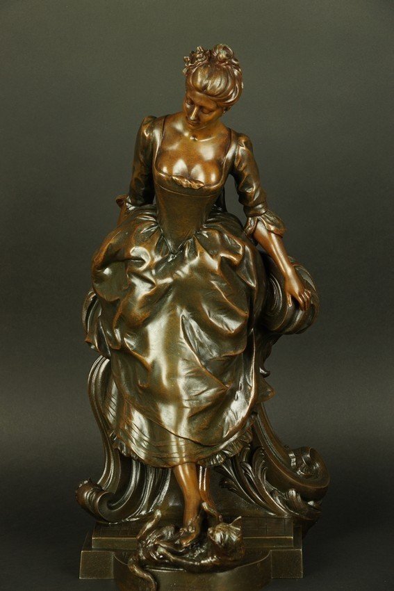 A Lady With A Cat, Metal, Henri Allouard, France, Late 19th Century-photo-3