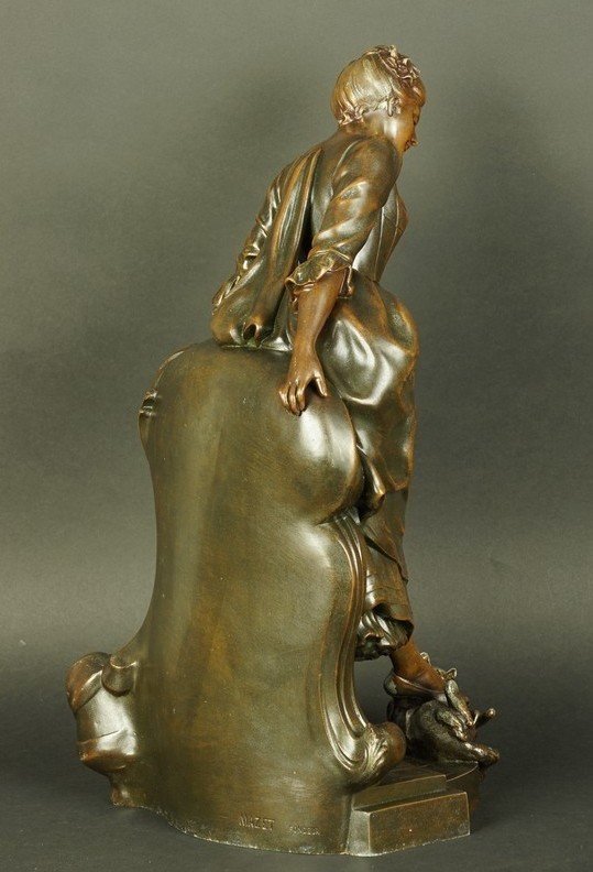 A Lady With A Cat, Metal, Henri Allouard, France, Late 19th Century-photo-3