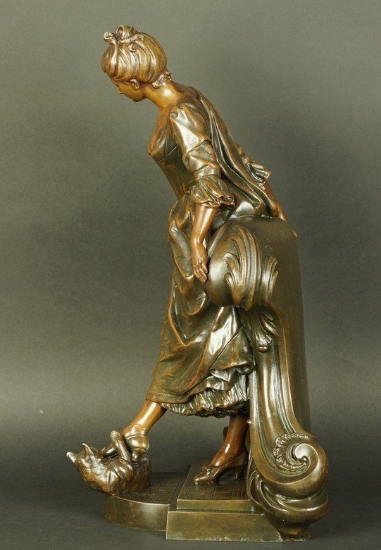 A Lady With A Cat, Metal, Henri Allouard, France, Late 19th Century-photo-5