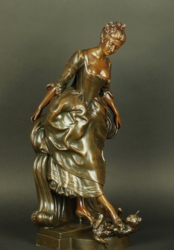 A Lady With A Cat, Metal, Henri Allouard, France, Late 19th Century