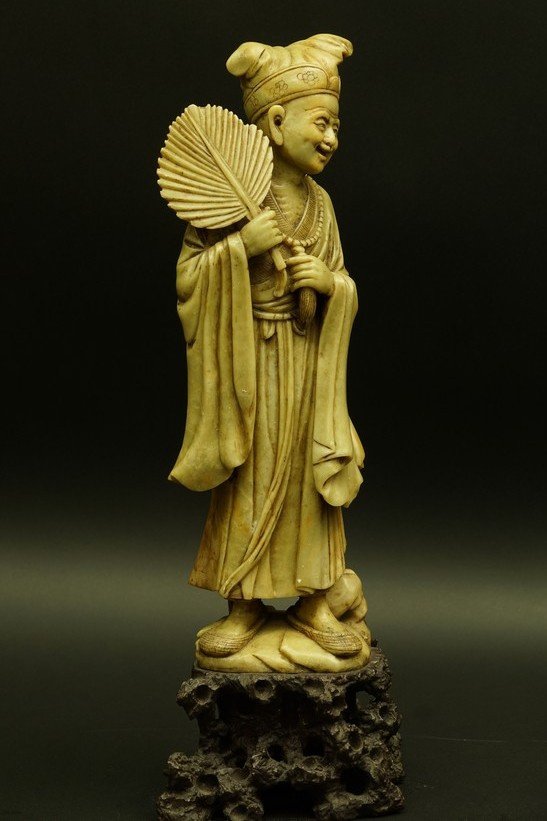 A Scholar With A Fan, Soapstone, China, 19th Century-photo-3