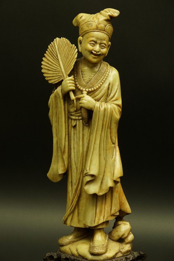 A Scholar With A Fan, Soapstone, China, 19th Century-photo-4
