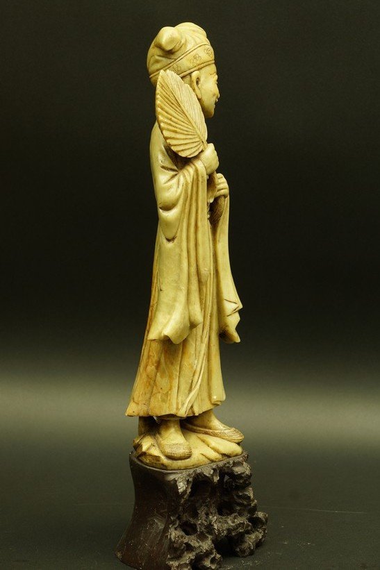A Scholar With A Fan, Soapstone, China, 19th Century-photo-2