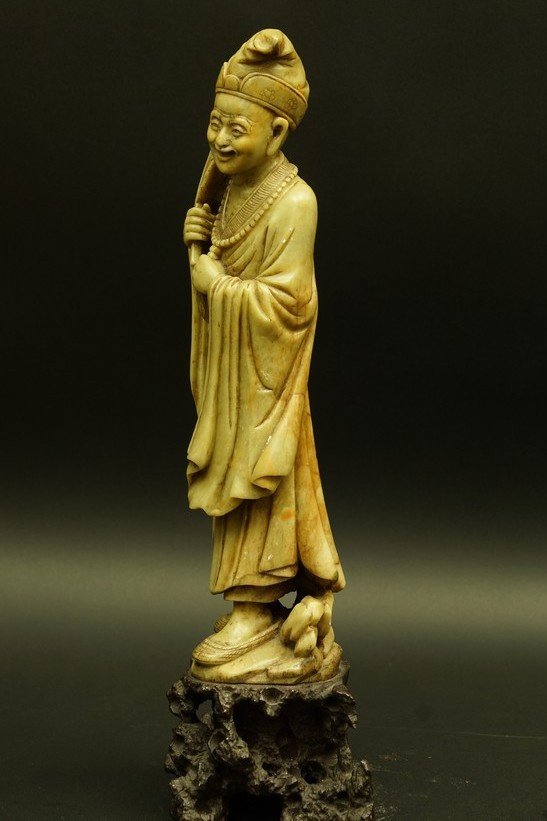 A Scholar With A Fan, Soapstone, China, 19th Century-photo-5
