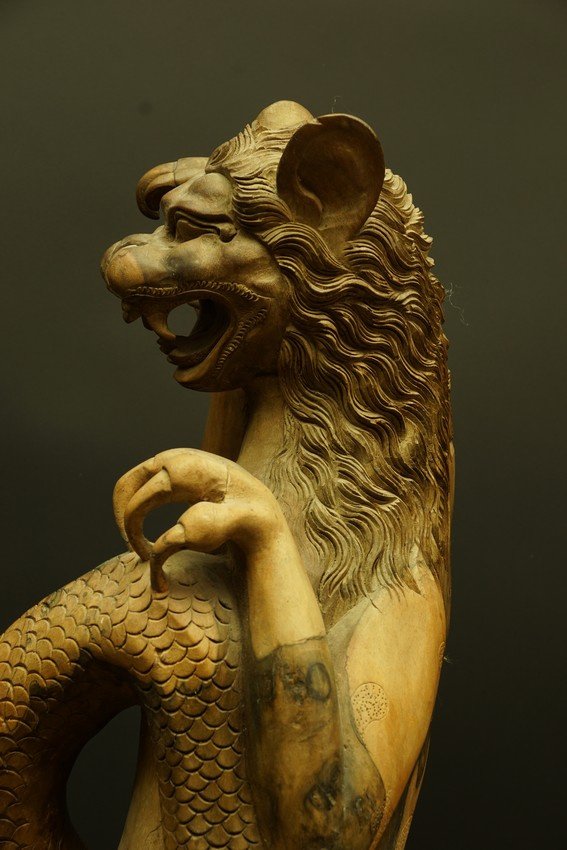 A Lion Fighting A Dragon, Root Sculpture, Indonesia, 20th Century.-photo-2