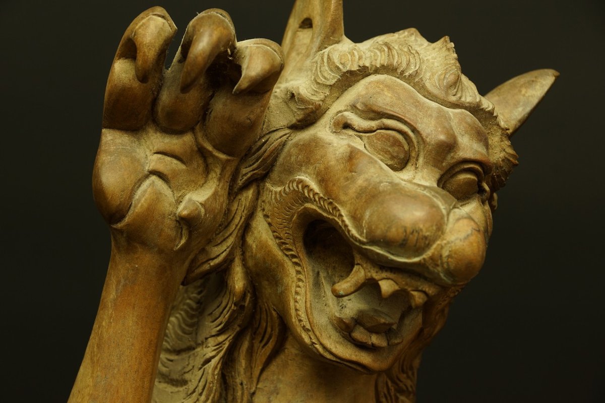 A Lion Fighting A Dragon, Root Sculpture, Indonesia, 20th Century.-photo-1