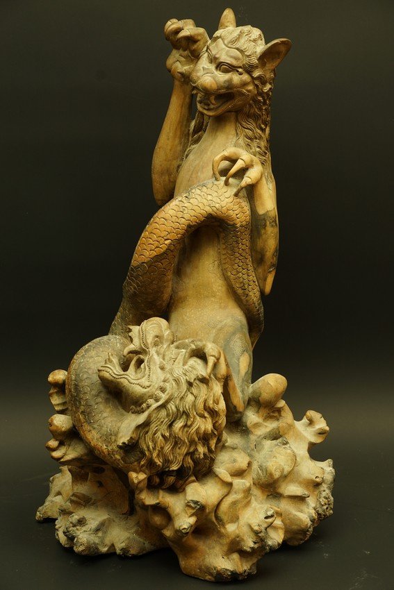 A Lion Fighting A Dragon, Root Sculpture, Indonesia, 20th Century.-photo-2