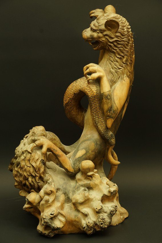 A Lion Fighting A Dragon, Root Sculpture, Indonesia, 20th Century.-photo-3