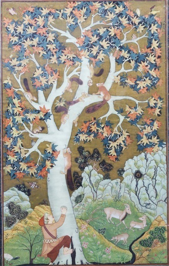 Painting Titled “squirrels On A Plane Tree,” After Abul Hasan, Fabric, 19th/20th Century.-photo-2