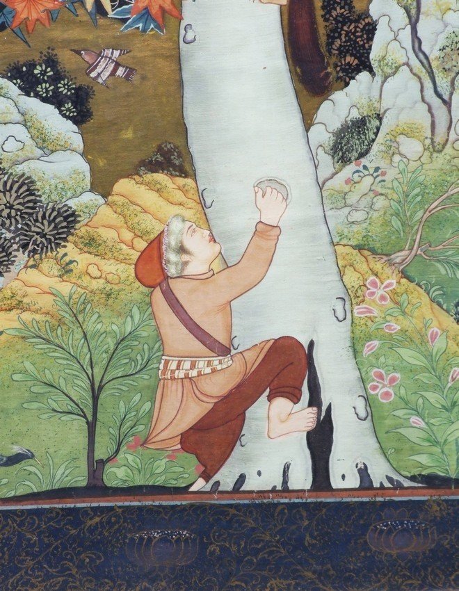 Painting Titled “squirrels On A Plane Tree,” After Abul Hasan, Fabric, 19th/20th Century.-photo-3