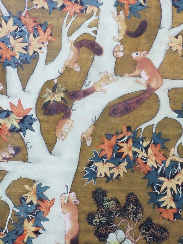 Painting Titled “squirrels On A Plane Tree,” After Abul Hasan, Fabric, 19th/20th Century.-photo-4