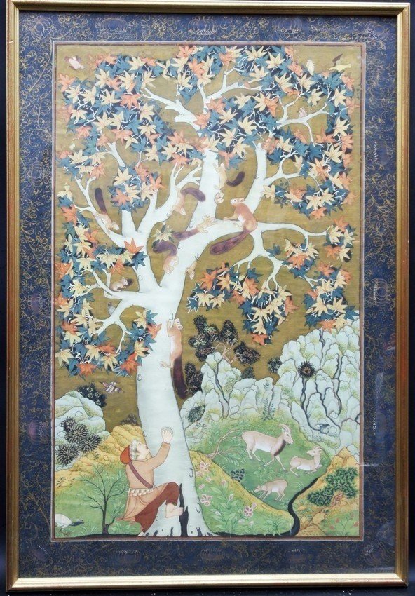 Painting Titled “squirrels On A Plane Tree,” After Abul Hasan, Fabric, 19th/20th Century.
