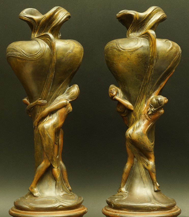 Vases ornés de figures féminines, Charles-Émile Jonchery, France, Art nouveau, vers 1900.-photo-2