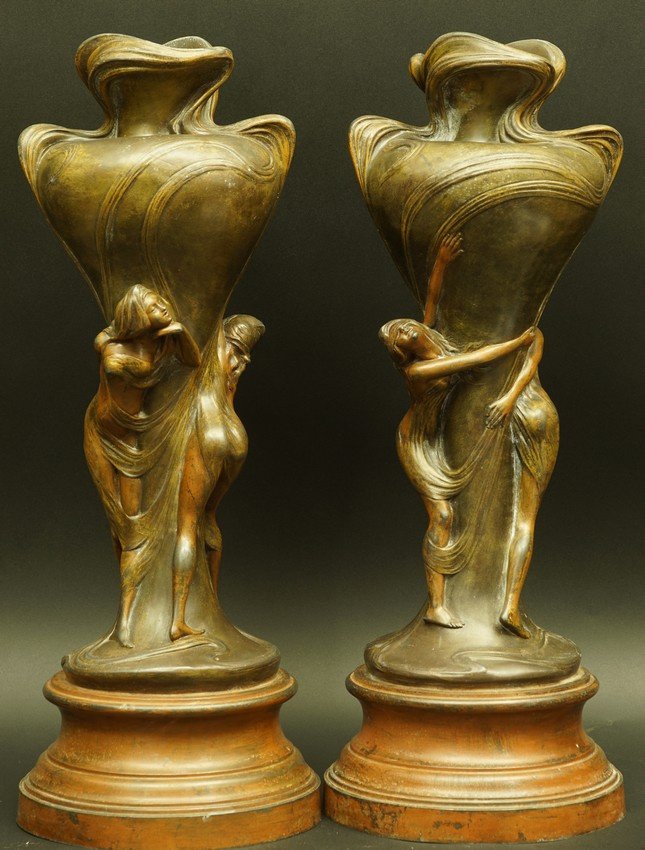 Vases ornés de figures féminines, Charles-Émile Jonchery, France, Art nouveau, vers 1900.