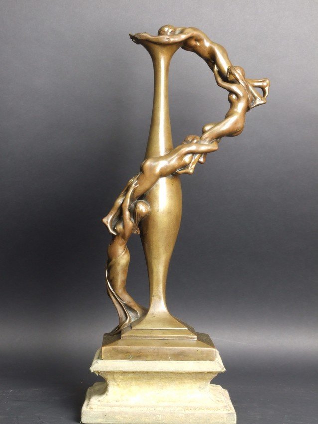 Vase Decorated With Female Figures, Alexandre Vibert, Bronze, France, 19th/20th Century.-photo-2