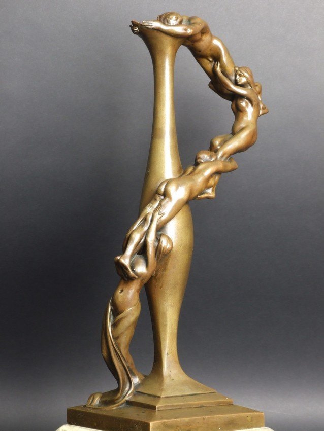 Vase Decorated With Female Figures, Alexandre Vibert, Bronze, France, 19th/20th Century.-photo-3