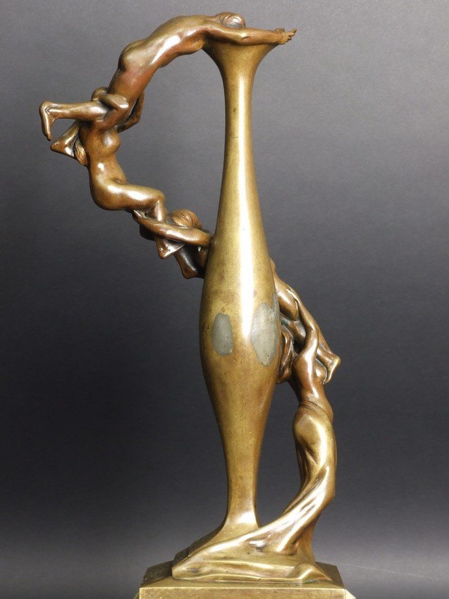Vase Decorated With Female Figures, Alexandre Vibert, Bronze, France, 19th/20th Century.-photo-3