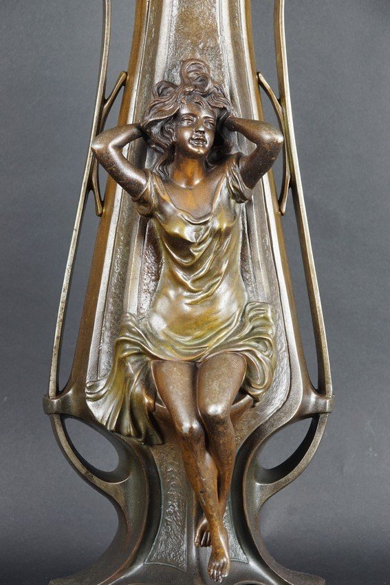 "femme Fatale" Vase, Art Nouveau, Painted Zinc, Circa 1900.-photo-2