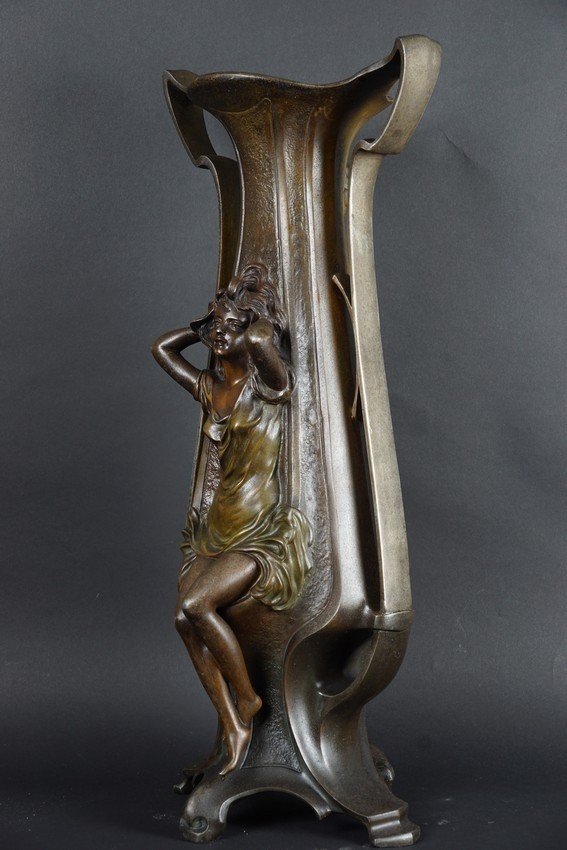 "femme Fatale" Vase, Art Nouveau, Painted Zinc, Circa 1900.-photo-3