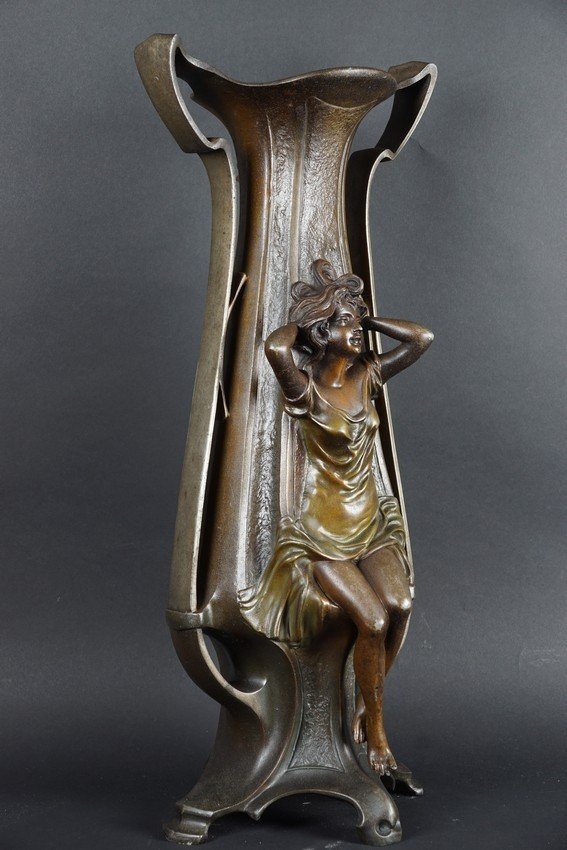 "femme Fatale" Vase, Art Nouveau, Painted Zinc, Circa 1900.-photo-4