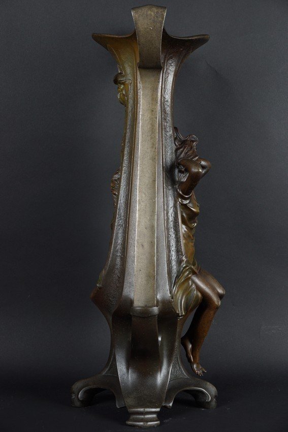 "femme Fatale" Vase, Art Nouveau, Painted Zinc, Circa 1900.-photo-2