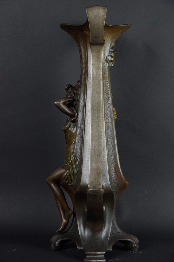 "femme Fatale" Vase, Art Nouveau, Painted Zinc, Circa 1900.-photo-4