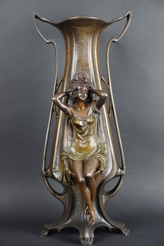 "femme Fatale" Vase, Art Nouveau, Painted Zinc, Circa 1900.