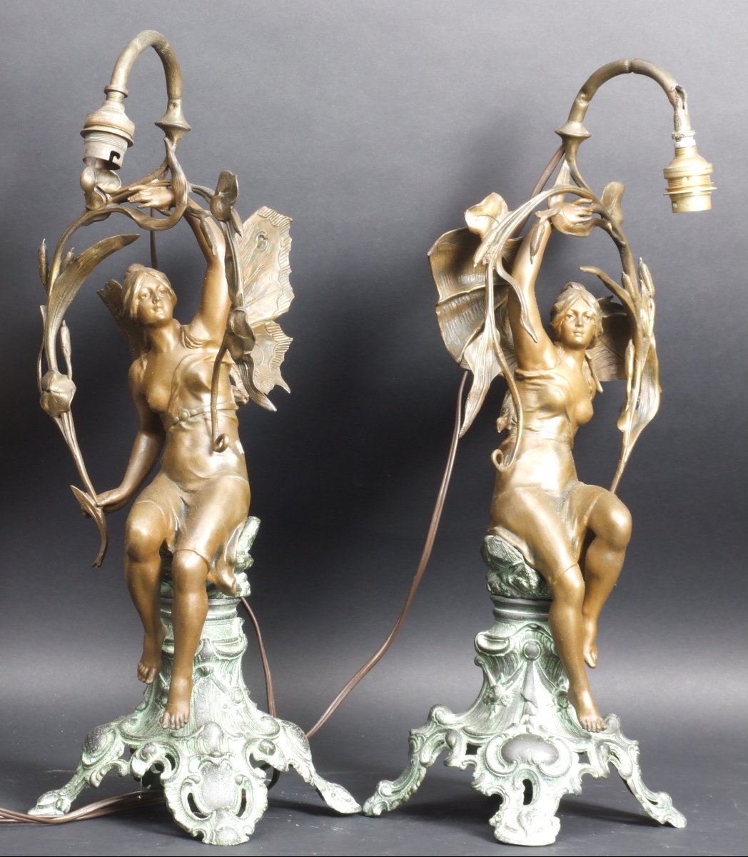 Paire de lampes représentant des nymphes, Art nouveau, alliage de métaux, France, vers 1900.-photo-2
