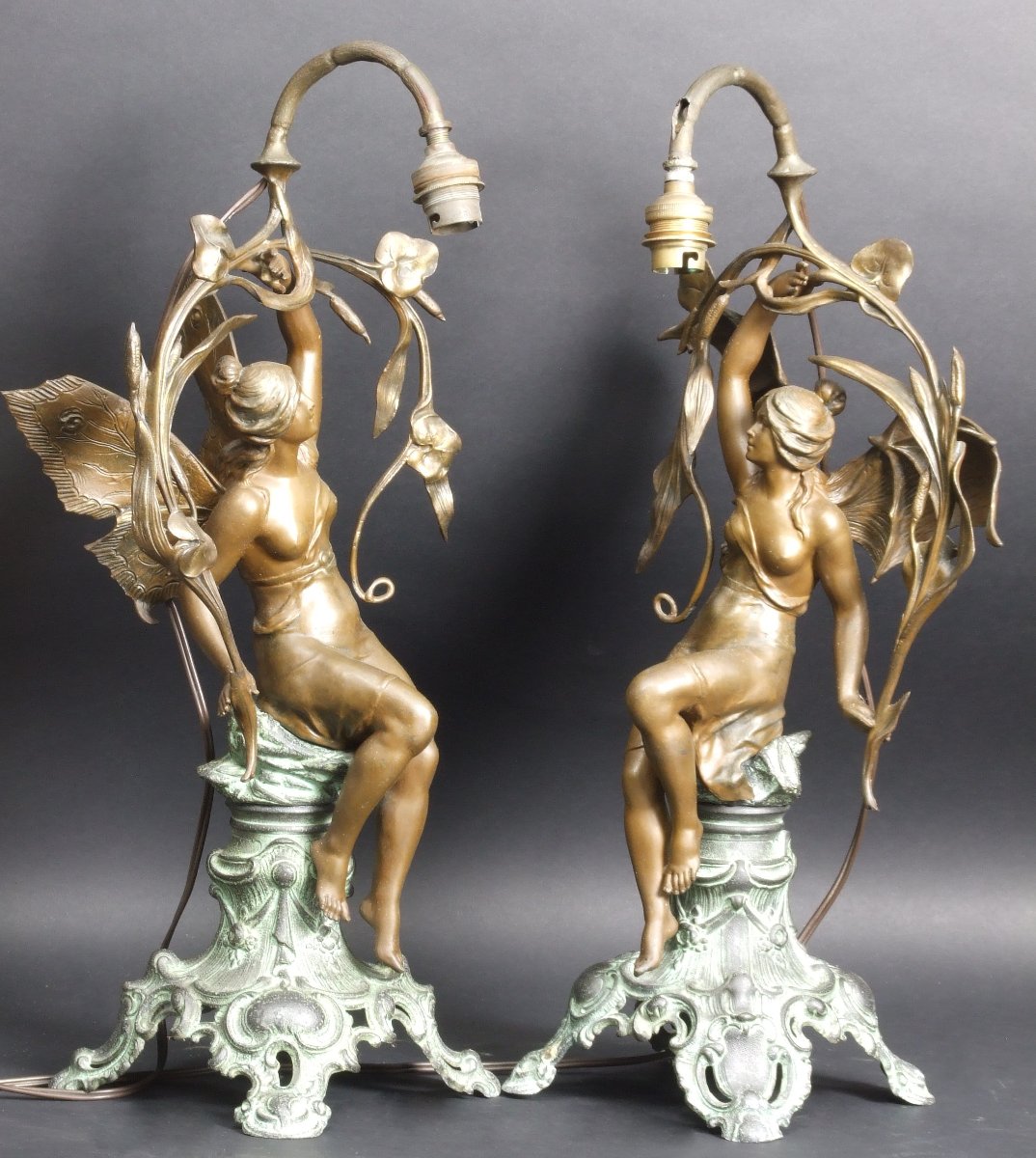 Paire de lampes représentant des nymphes, Art nouveau, alliage de métaux, France, vers 1900.-photo-6