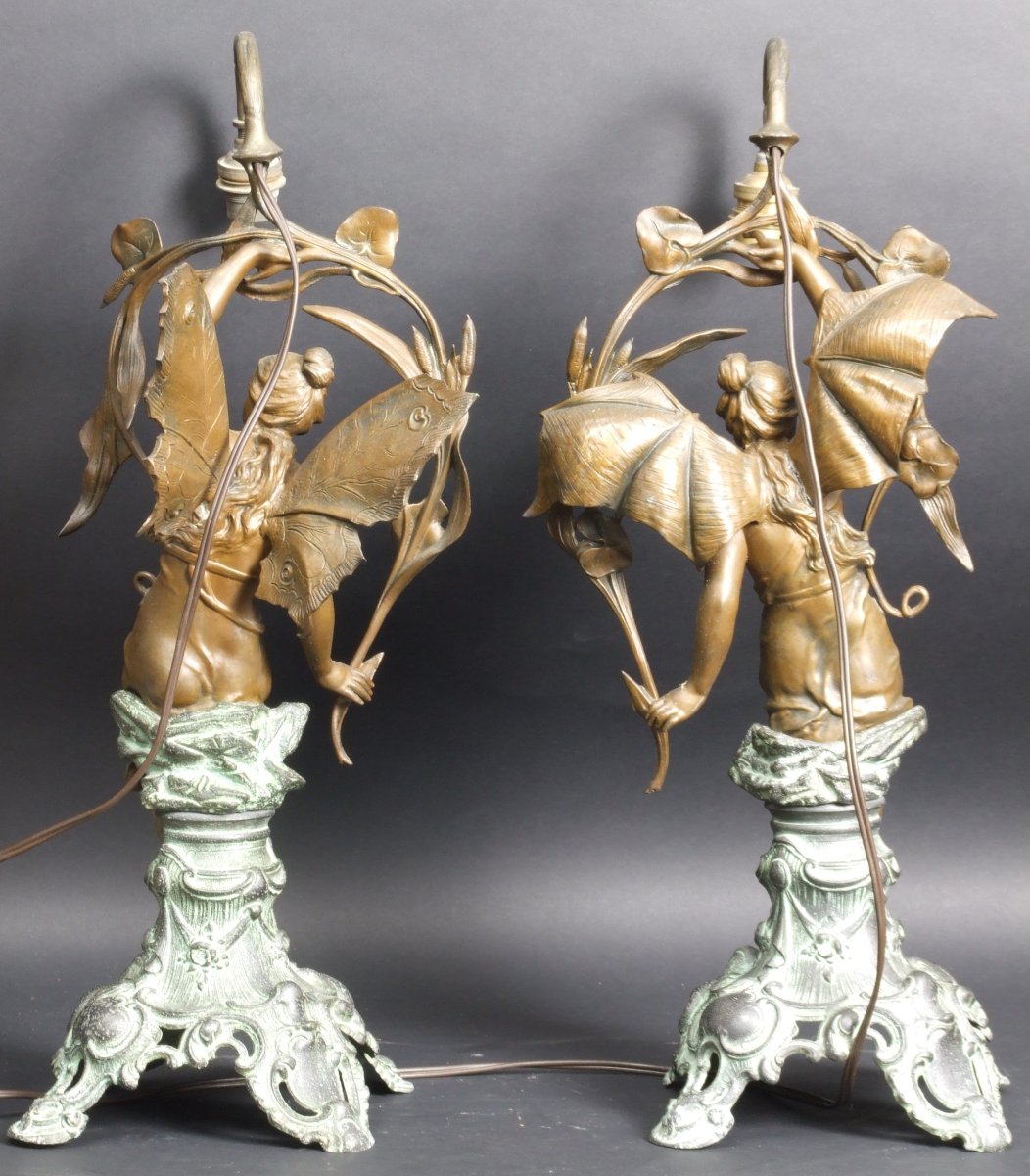 Paire de lampes représentant des nymphes, Art nouveau, alliage de métaux, France, vers 1900.-photo-8