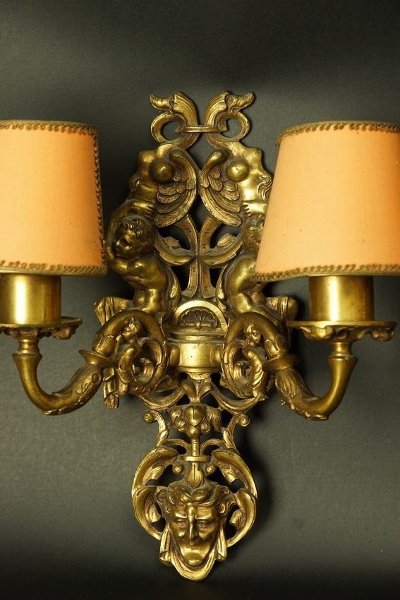  Pair Of Wall Sconces Decorated With Putti, Bronze, Second Half Of The 19th Century.-photo-4