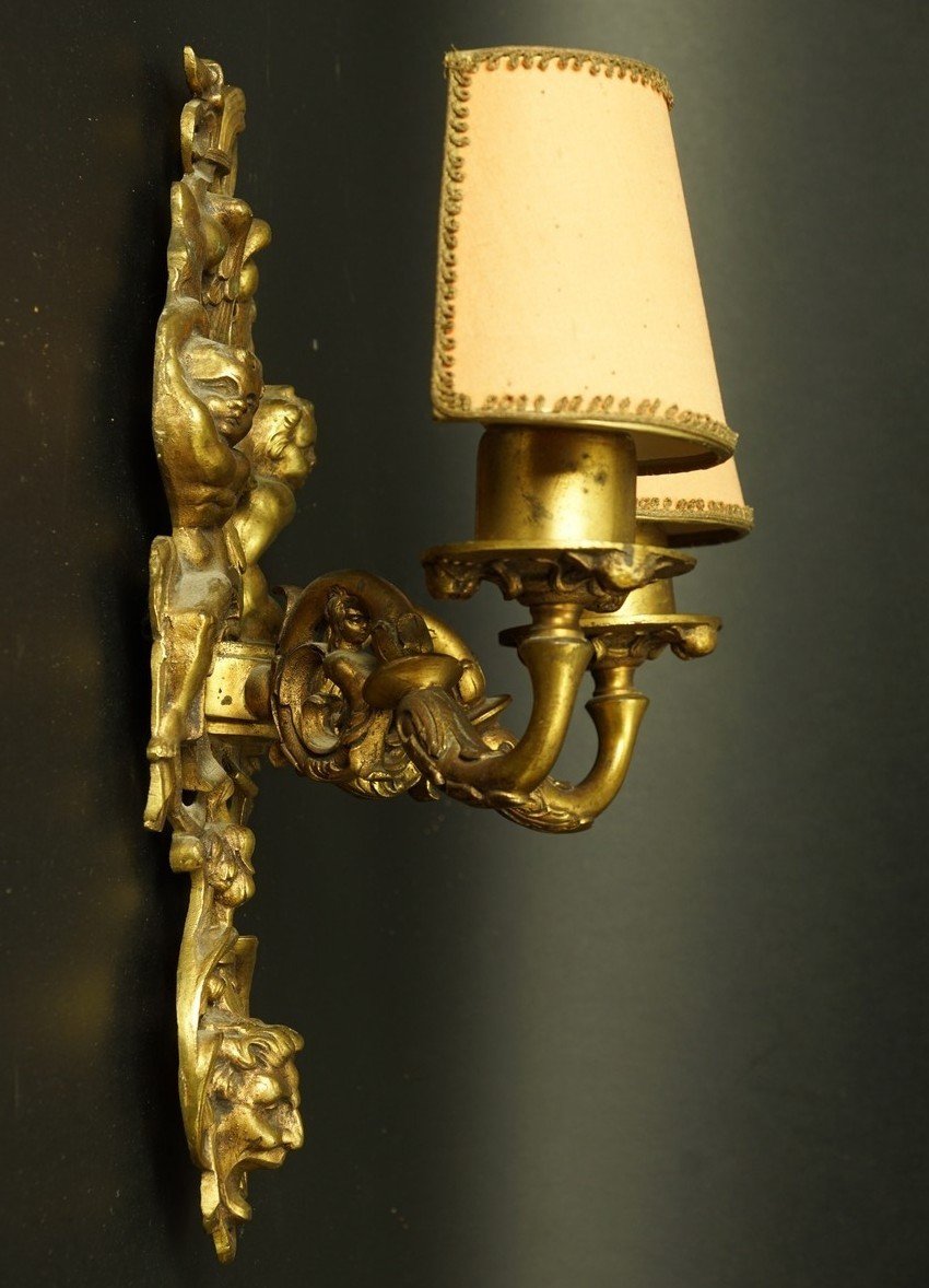  Pair Of Wall Sconces Decorated With Putti, Bronze, Second Half Of The 19th Century.-photo-1