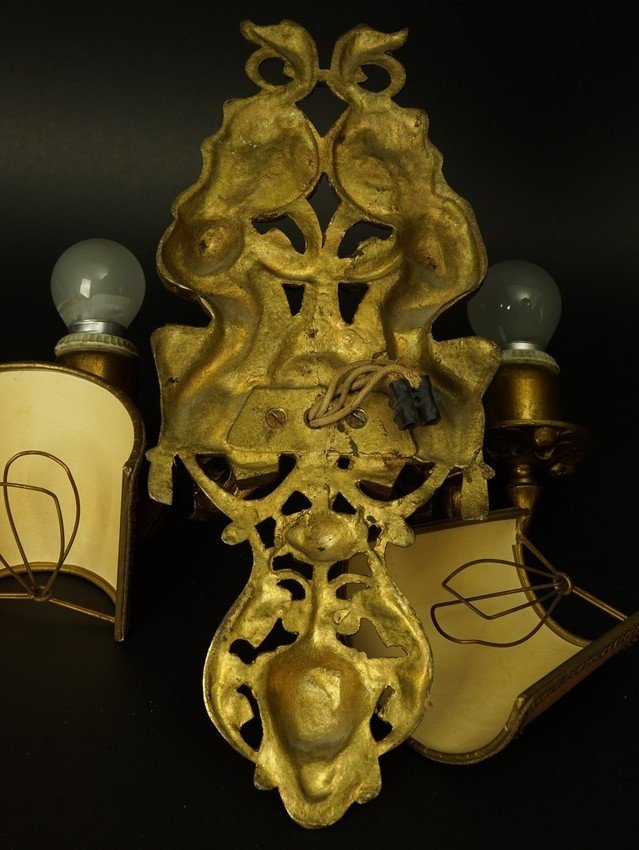  Pair Of Wall Sconces Decorated With Putti, Bronze, Second Half Of The 19th Century.-photo-3